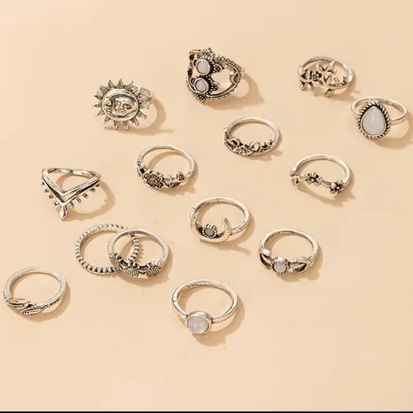 NWT Vintage Boho Joint Ring Set - 14 Pcs with Leaf, Moon, Flower Accents - Picture 3 of 7